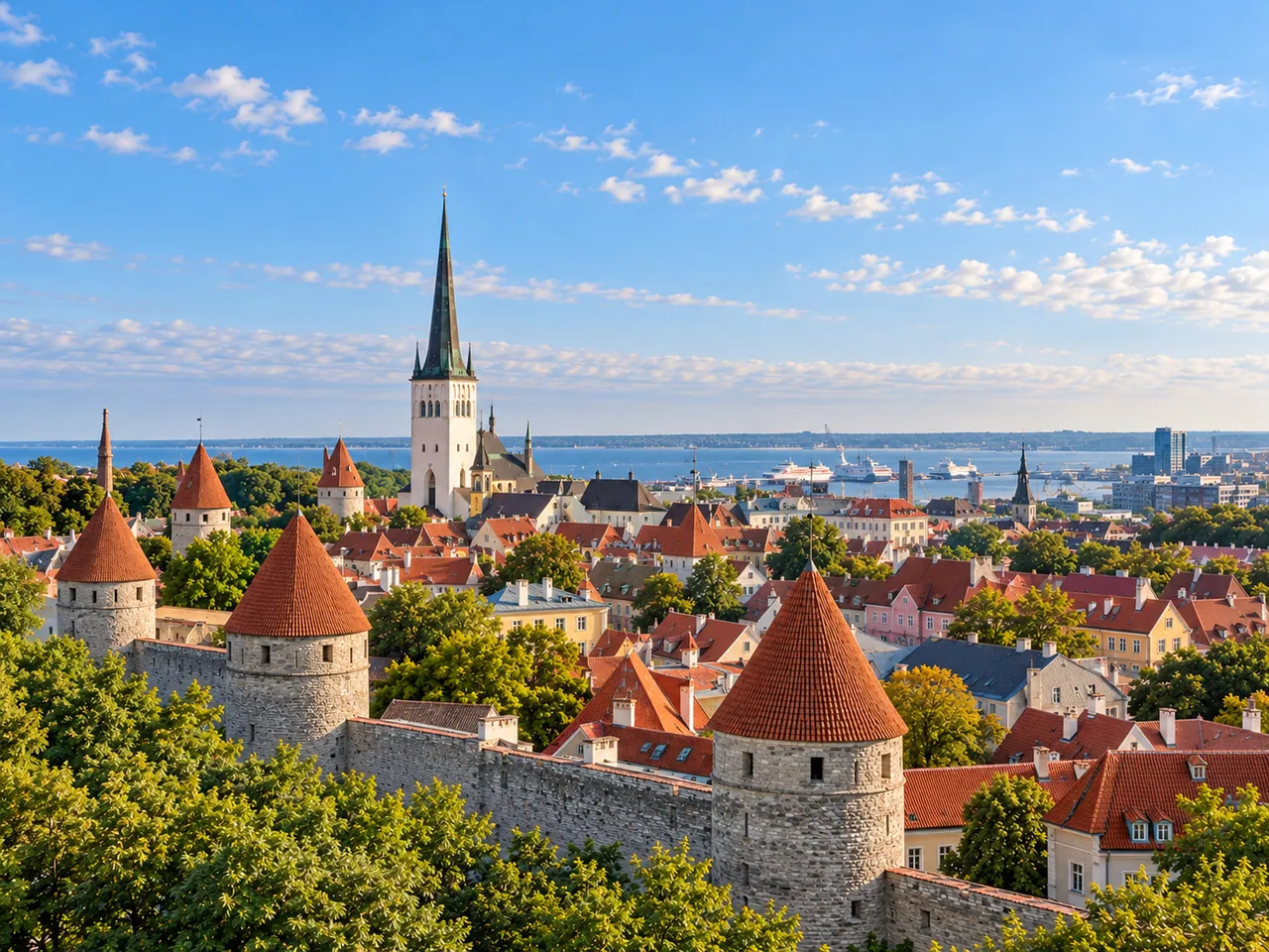 Illustration of Tallinn Old Town panorama from an elevated wall-side viewpoint