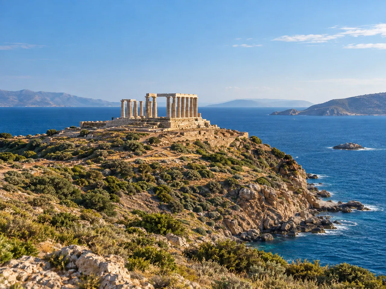 Illustration of Temple of Poseidon on Cape Sounion above the Aegean