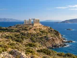 Illustration of Temple of Poseidon on Cape Sounion above the Aegean
