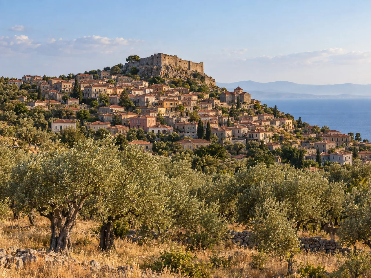 Illustration of Molyvos on Lesvos viewed across an olive grove