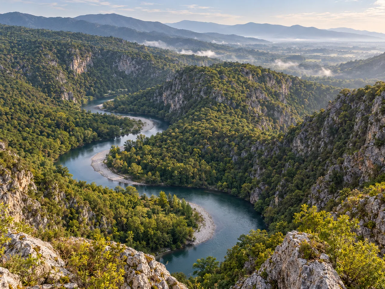 Illustration of Nestos River meanders from the Galani and Toxotes high viewpoint