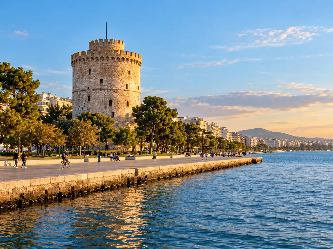 Illustration of Thessaloniki White Tower and Thermaic Gulf promenade
