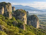 Illustration of Geology-dominant Meteora panorama above Kastraki
