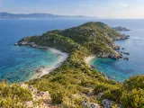 Illustration of Porto Timoni double beach below Afionas, Corfu