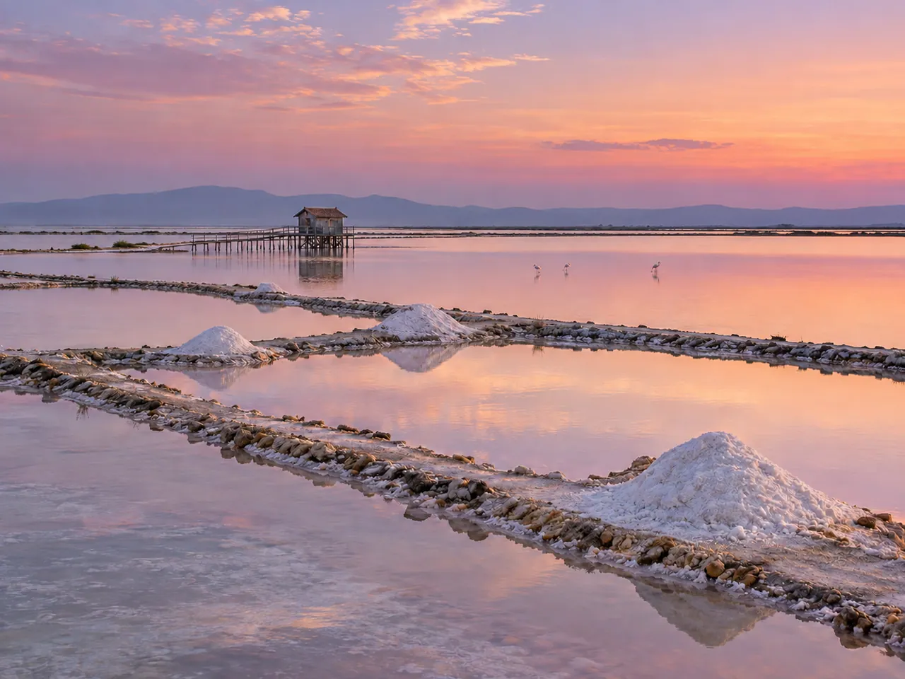 Illustration of Messolonghi salt pans and lagoon at twilight