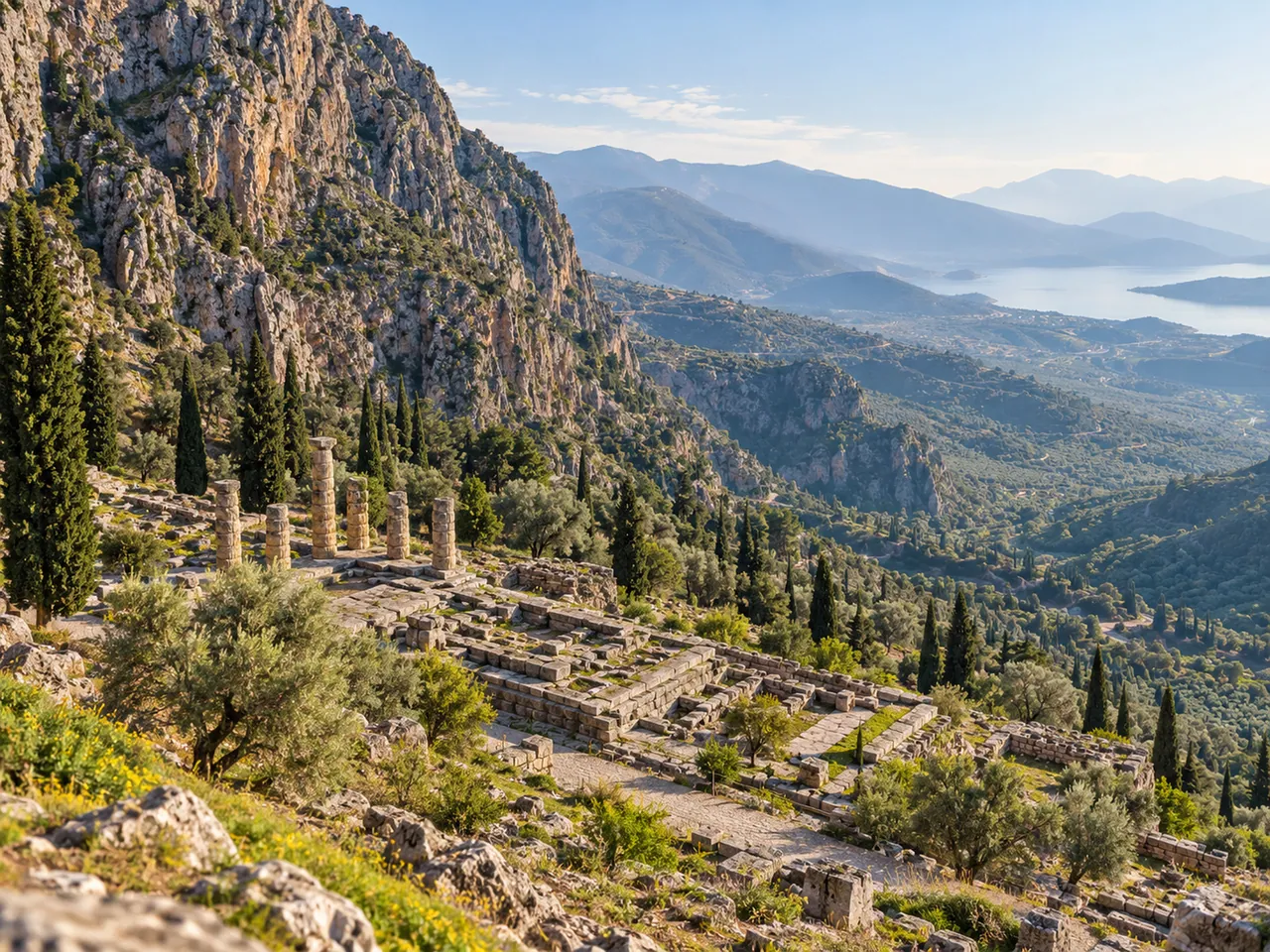 Illustration of Geography-first Delphi sanctuary panorama on Mount Parnassus