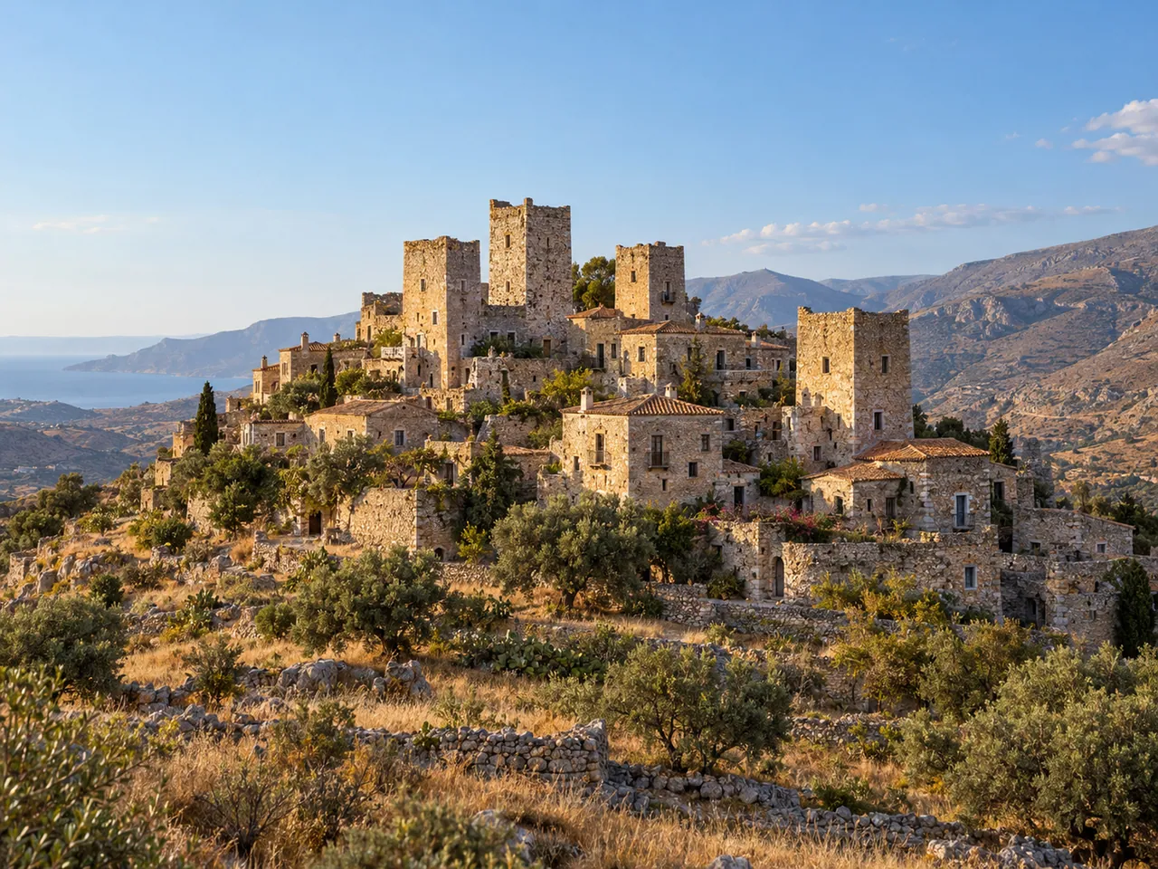 Illustration of Dense Vathia tower settlement in the Inner Mani