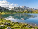 Illustration of Covadonga Lakes landscape in the Picos de Europa