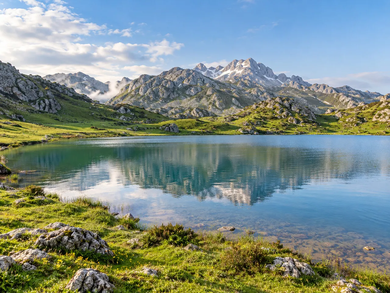 Illustration of Covadonga Lakes landscape in the Picos de Europa