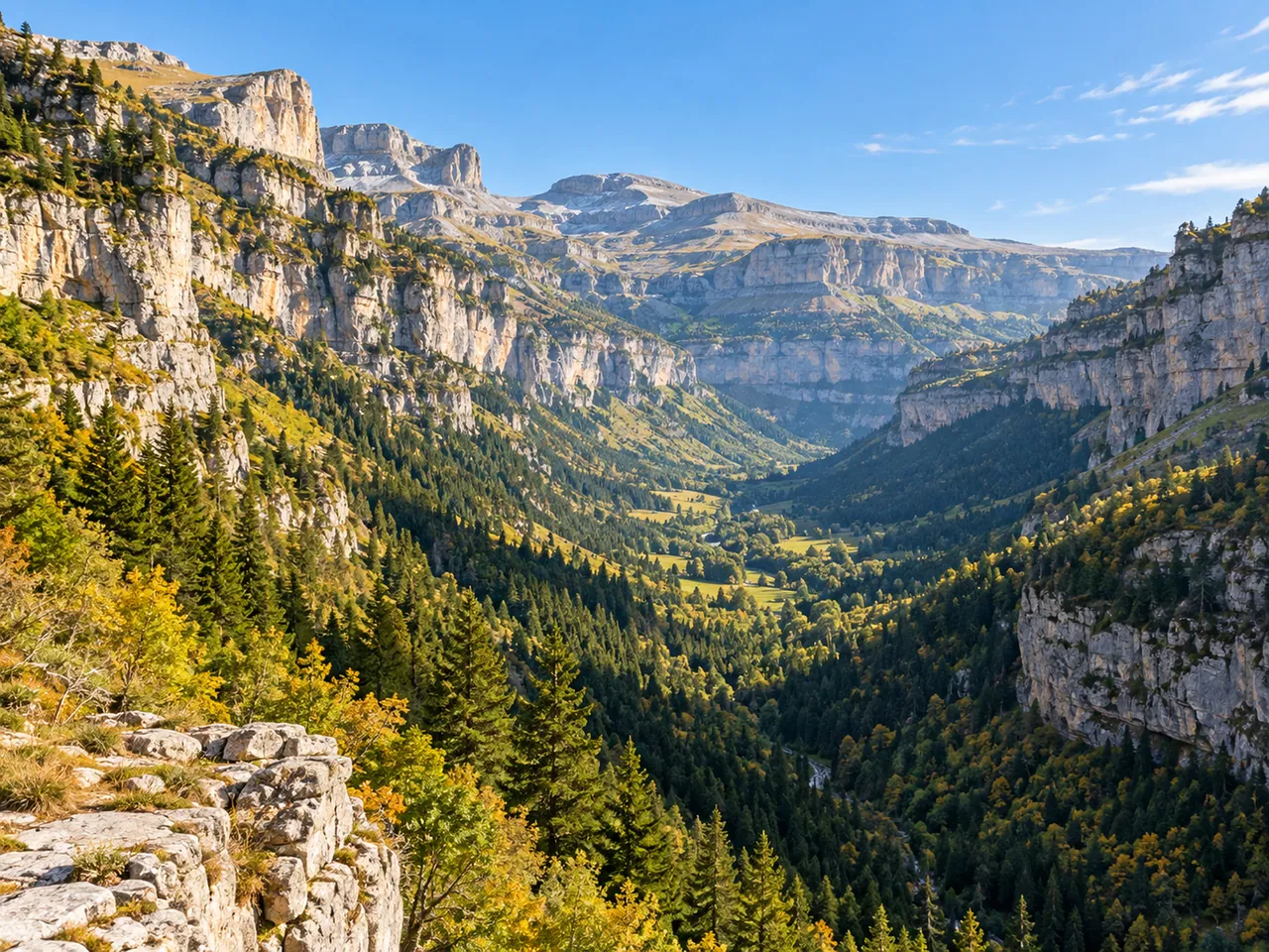 Illustration of Ordesa Valley landscape in the Aragonese Pyrenees