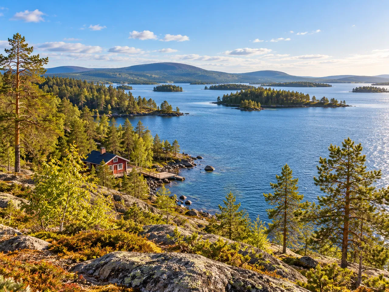 Illustration of Lake Inari-style pine shoreline, low fells and a small red cabin
