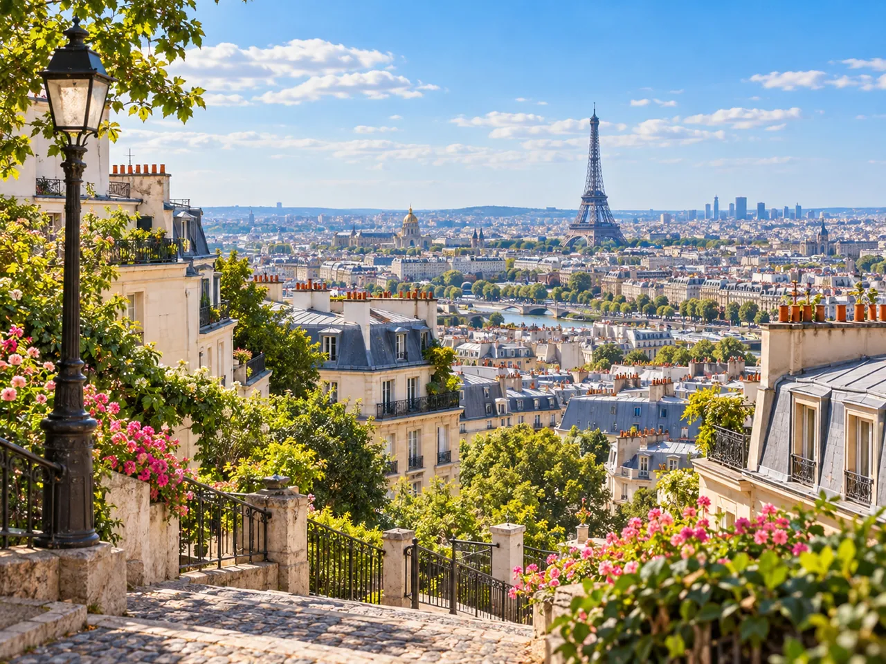 Illustration of Paris from an elevated Montmartre-style viewpoint, Eiffel Tower beyond zinc rooftops