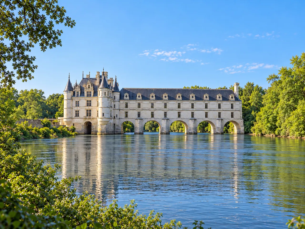 Illustration of Château de Chenonceau over the River Cher