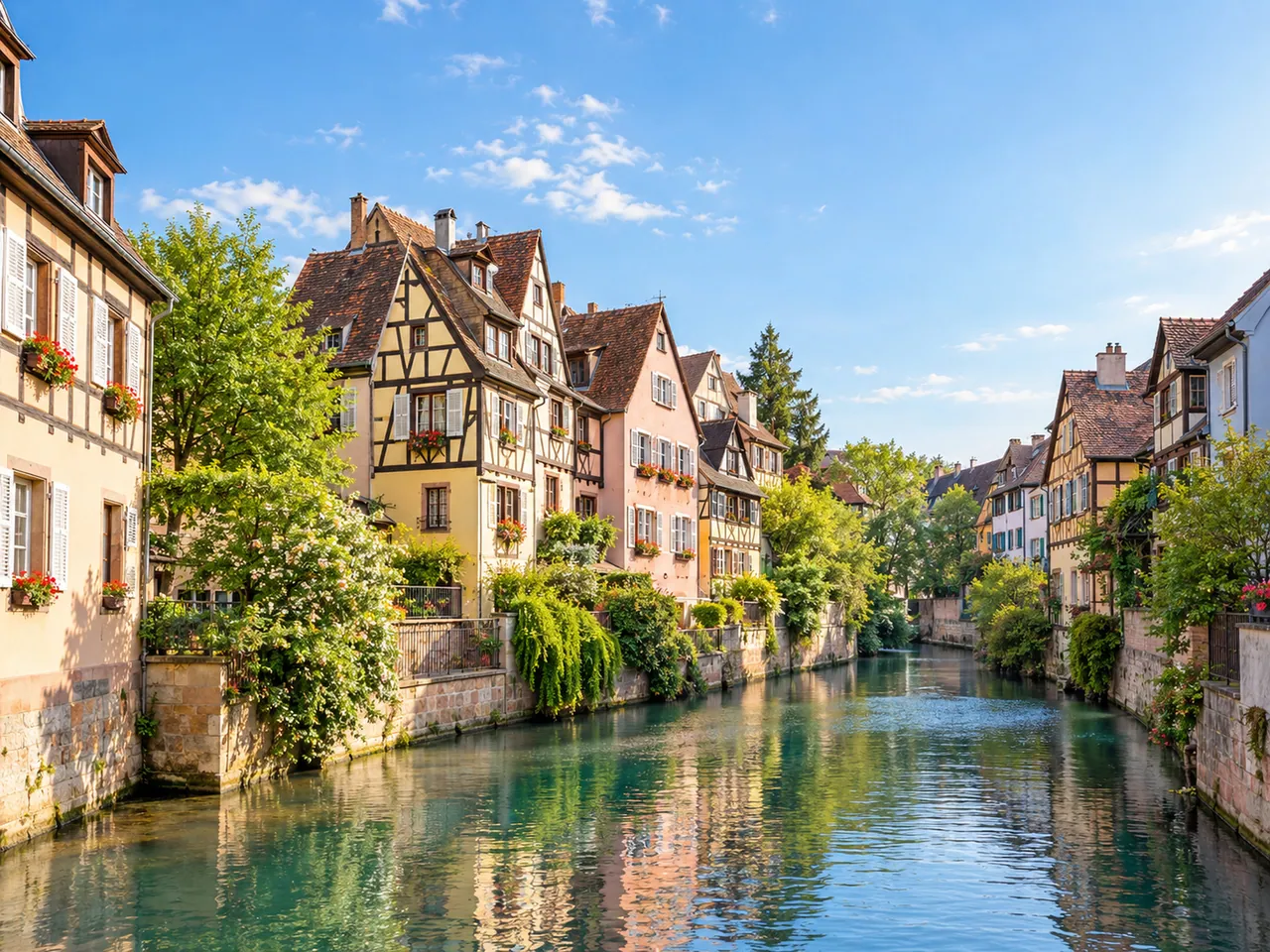 Illustration of Canal and half-timbered houses in Colmar