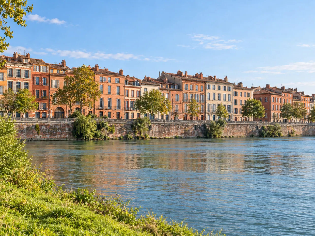 Illustration of Pink-brick Garonne waterfront in Toulouse