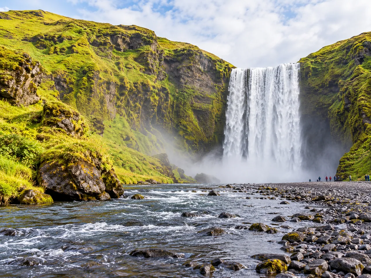 Illustration of Skógafoss waterfall, mossy cliffs and river foreground