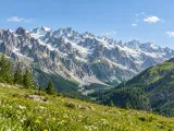 Illustration of Representative early-summer Val Ferret meadow and granite massif scenery near Courmayeur