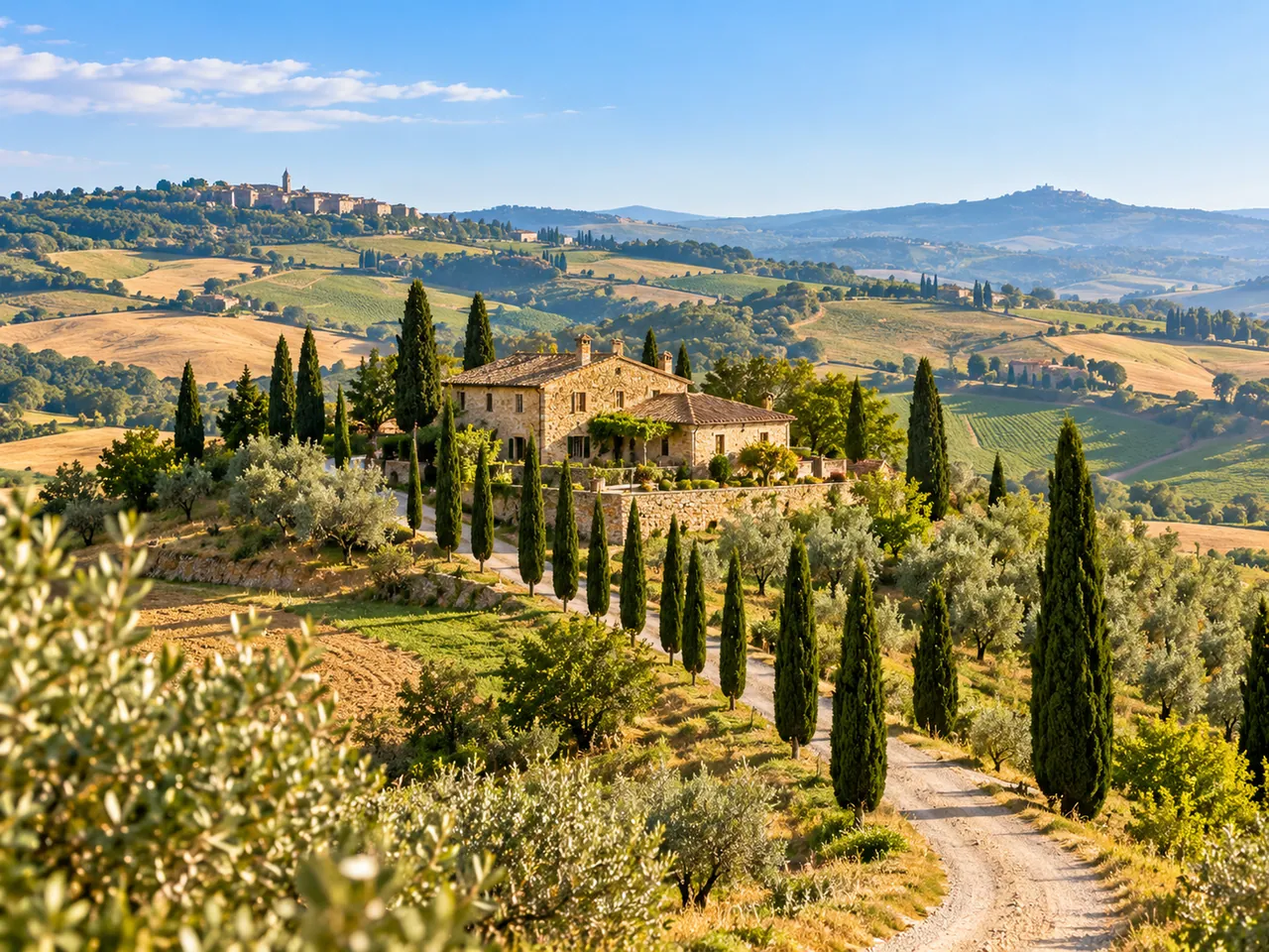 Illustration of Val d’Orcia-style rolling hills, farmhouse and cypress lane
