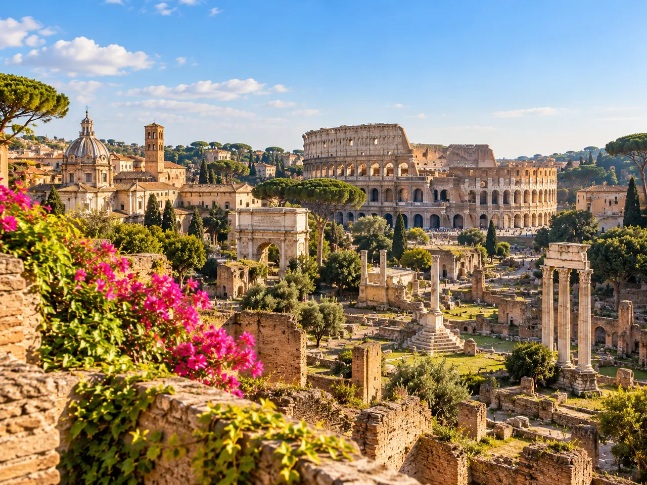 Illustration of Roman Forum and Colosseum with umbrella pines