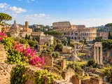Illustration of Roman Forum and Colosseum with umbrella pines