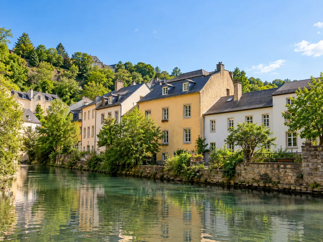 Illustration of Riverside houses in Luxembourg’s Grund quarter