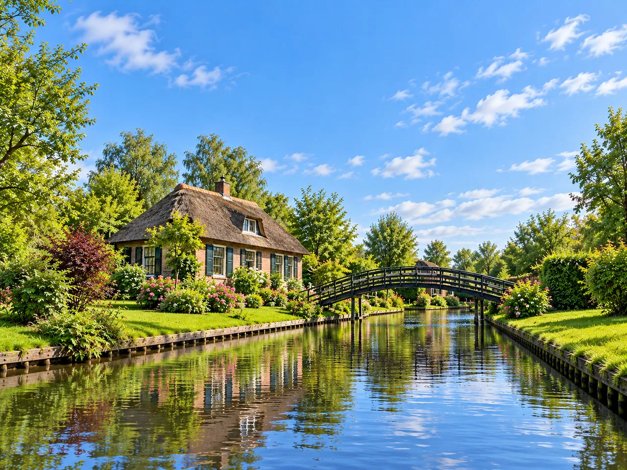 Illustration of Thatched cottages beside a Giethoorn canal