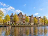 Illustration of Gabled houses along an Amsterdam canal