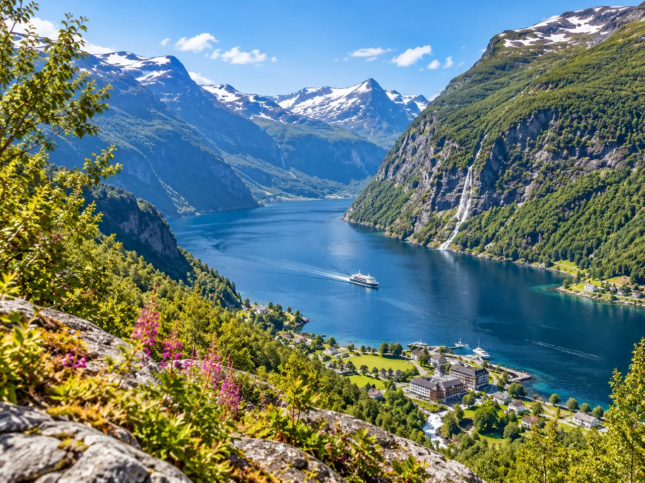 Illustration of Geirangerfjord-style elevated view with village, ferry and waterfalls