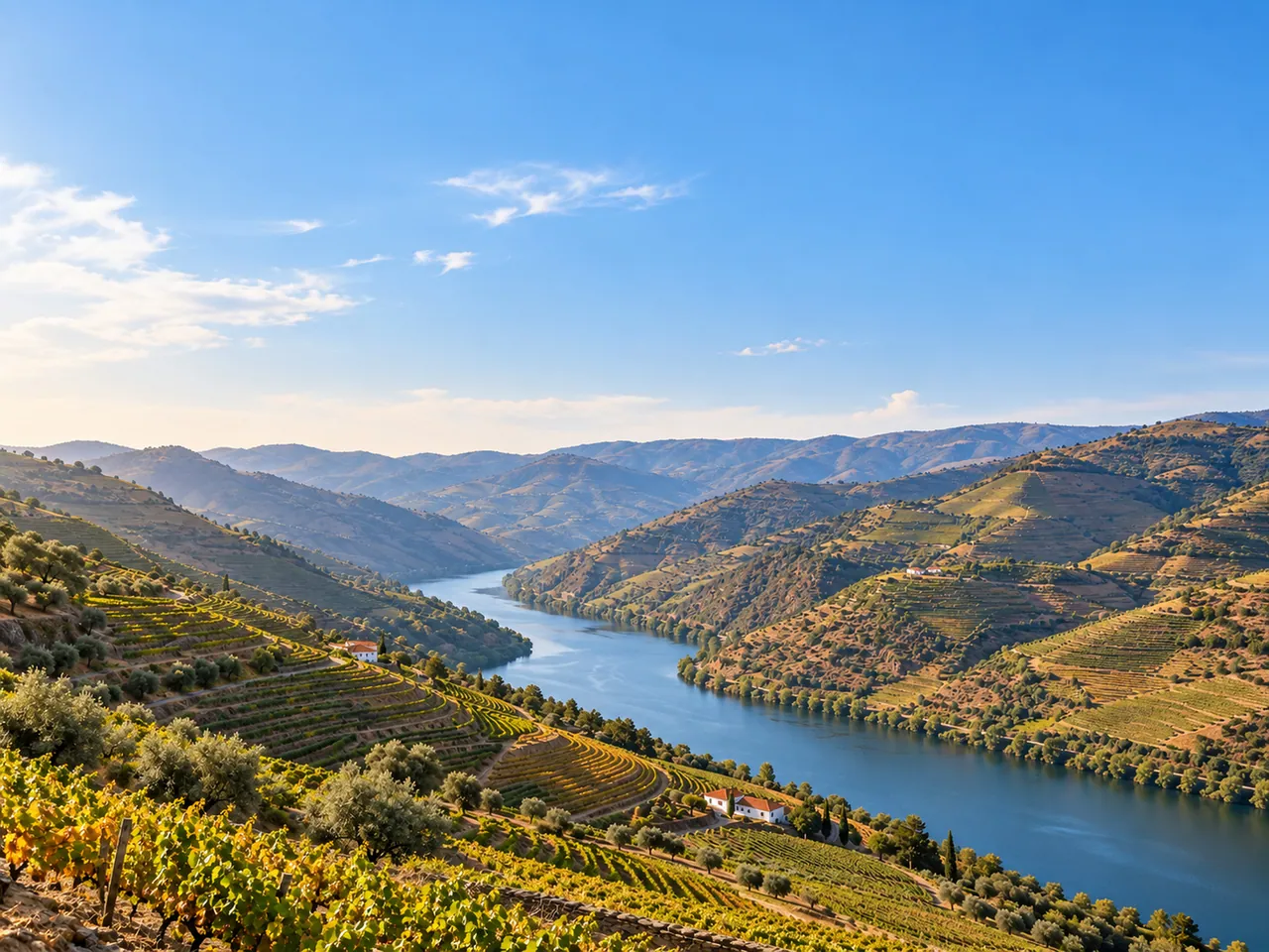 Illustration of Terraced vineyards above the Douro River, northern Portugal; representative valley view, no exact estate or river bend claimed.