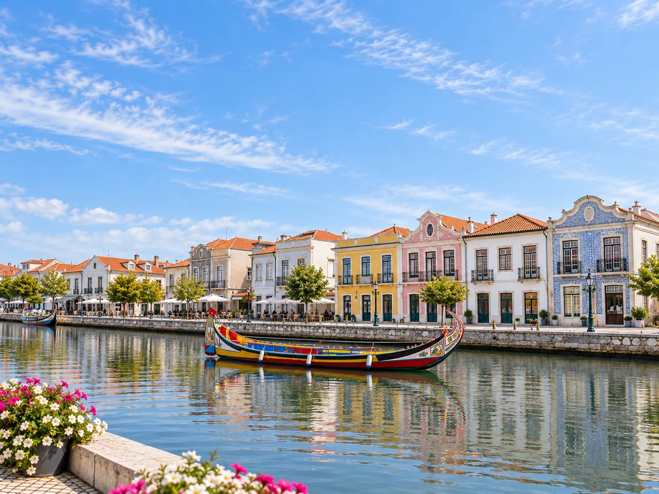 Illustration of A canal and traditional moliceiro boats in Aveiro, Central Portugal; representative waterfront, no exact facade claimed.