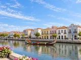 Illustration of A canal and traditional moliceiro boats in Aveiro, Central Portugal; representative waterfront, no exact facade claimed.