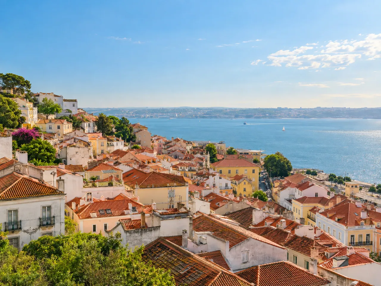 Illustration of Terracotta rooftops above the Tagus in Lisbon; representative Alfama panorama, no church or exact lookout claimed.