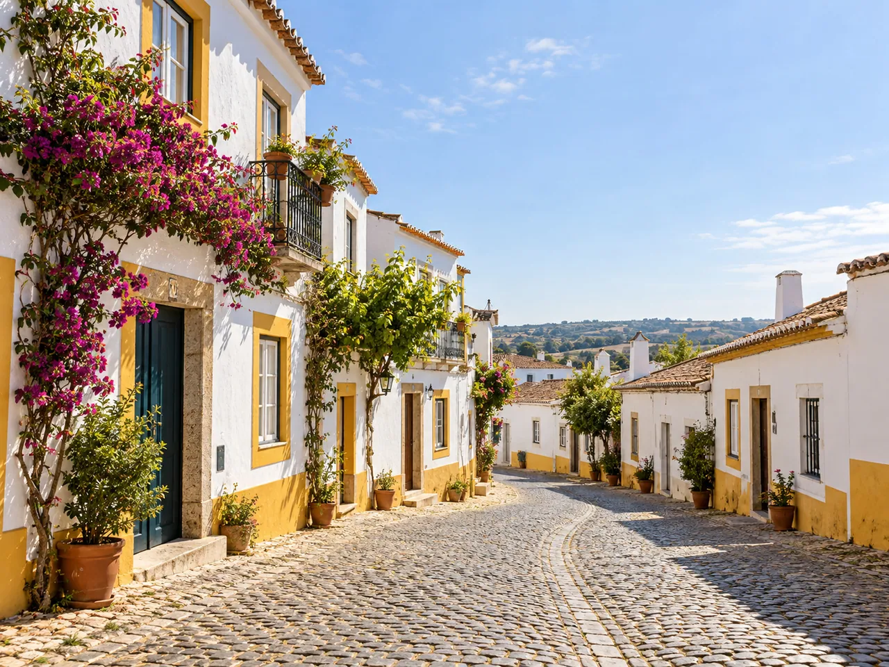 Illustration of Whitewashed old-town streets in Évora, Alentejo; representative streetscape, no exact street or facade claimed.