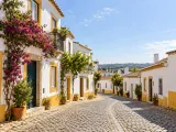 Illustration of Whitewashed old-town streets in Évora, Alentejo; representative streetscape, no exact street or facade claimed.