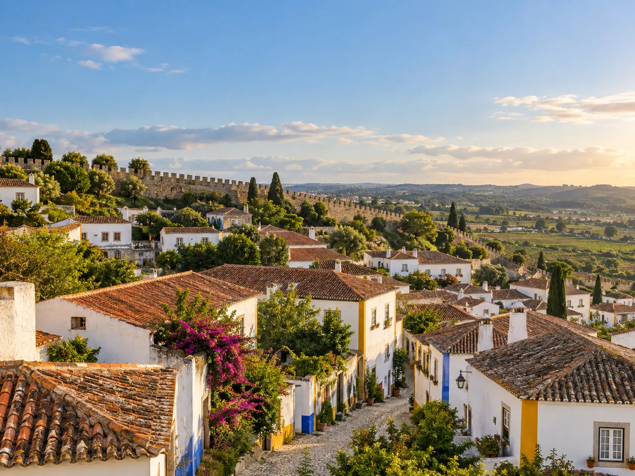 Illustration of White houses and terracotta rooftops in Óbidos; representative medieval town fabric, no exact castle or church claimed.