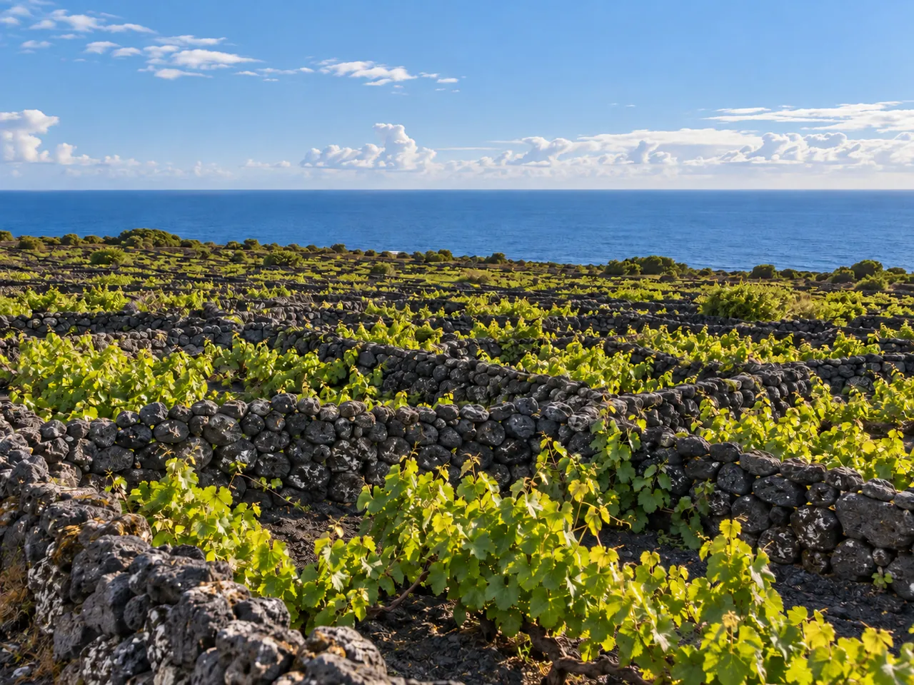 Illustration of Low basalt-walled vineyards on Pico, Azores; representative vineyard landscape, no exact parcel or windmill claimed.