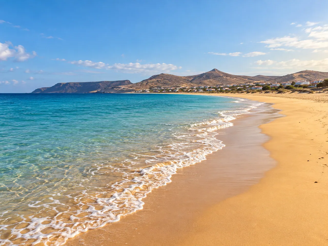 Illustration of Golden sandy coast on Porto Santo, Madeira archipelago; representative beach view, no exact headland or lookout claimed.