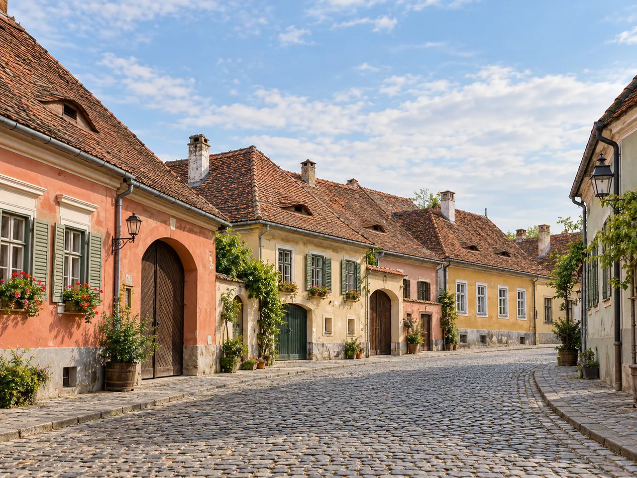 Illustration of Pastel houses along a cobbled street in Sibiu, central Transylvania; representative Lower Town streetscape, no exact street claimed.