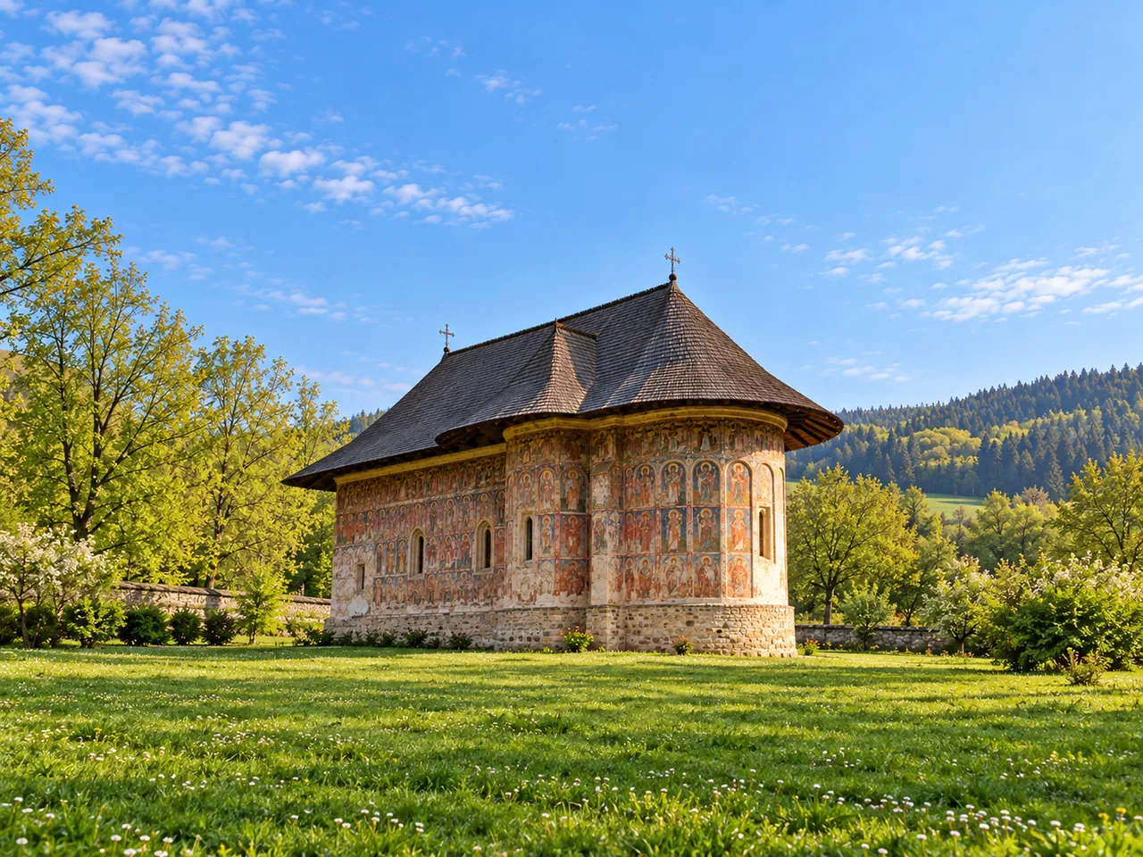 Illustration of Representative Bucovina painted monastery church exterior, informed by Humor's towerless form