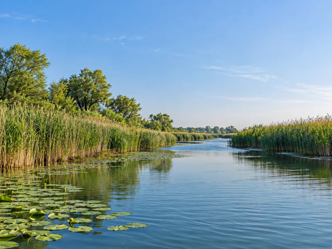Illustration of Representative reed-lined water channel in the Romanian Danube Delta