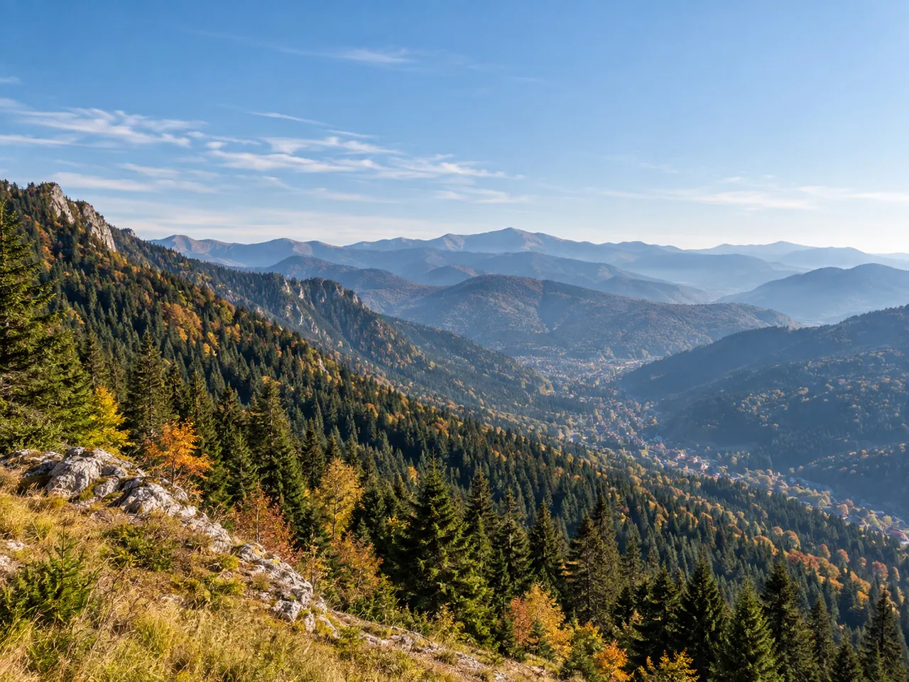 Illustration of Representative wooded mountain panorama above Sinaia and the Prahova Valley