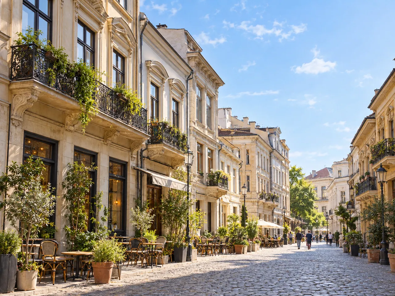 Illustration of Historic architecture along a cobbled street in Bucharest Old Town; representative Lipscani district, no exact building claimed.