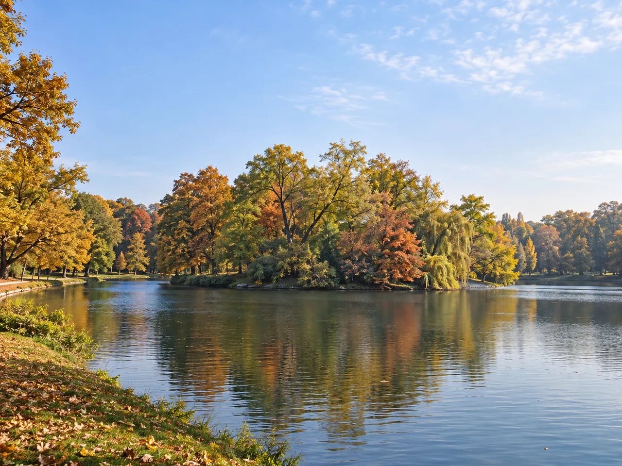 Illustration of Representative autumn lake landscape in Craiova's Nicolae Romanescu Park