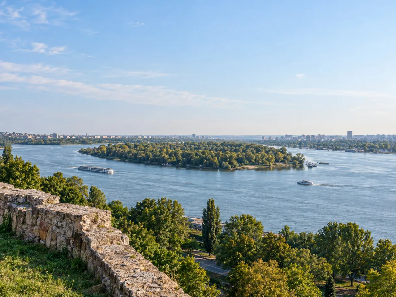 Illustration of Representative Belgrade river panorama from Kalemegdan's elevated riverside setting