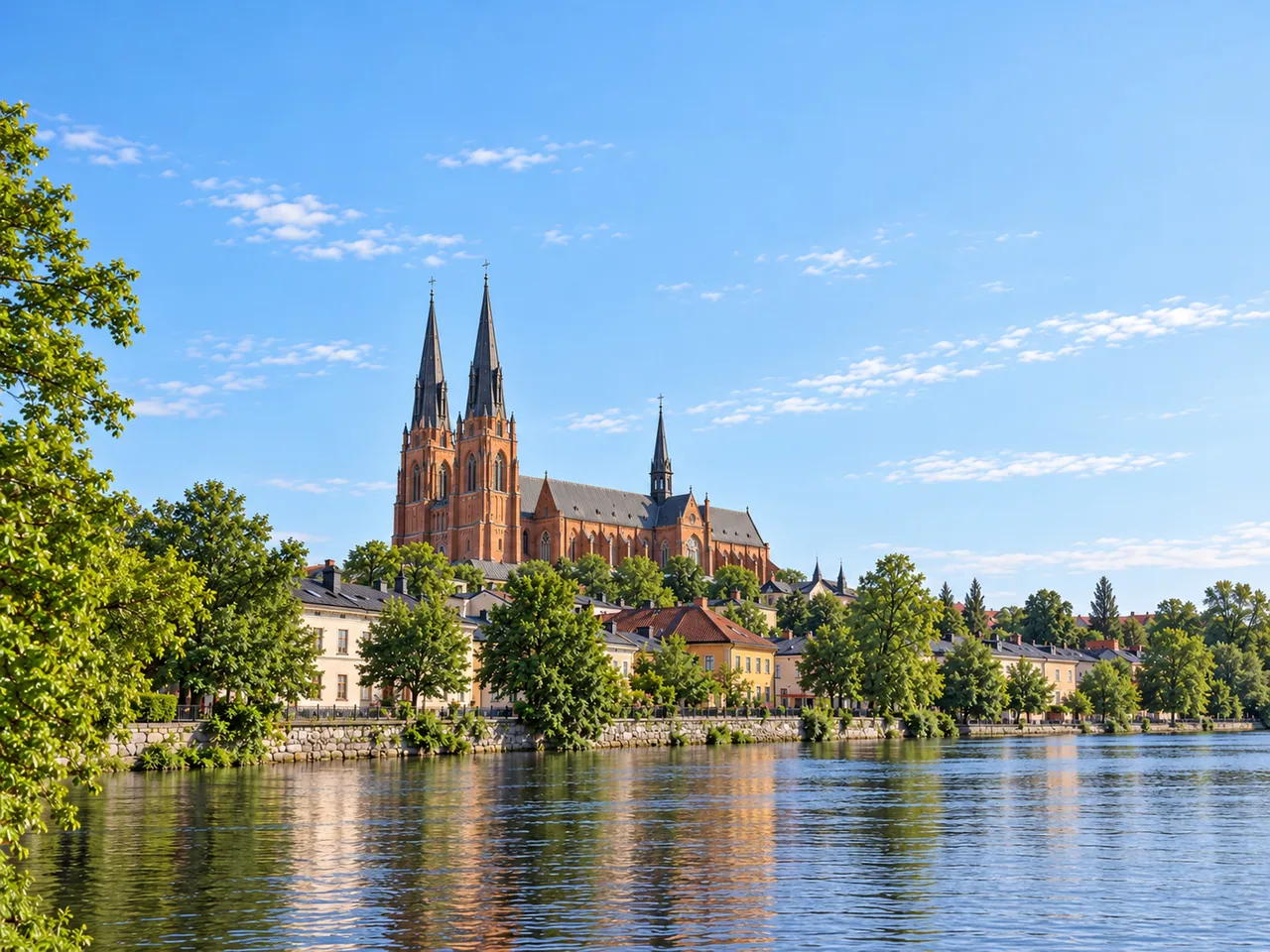 Illustration of Uppsala Cathedral above the Fyris River