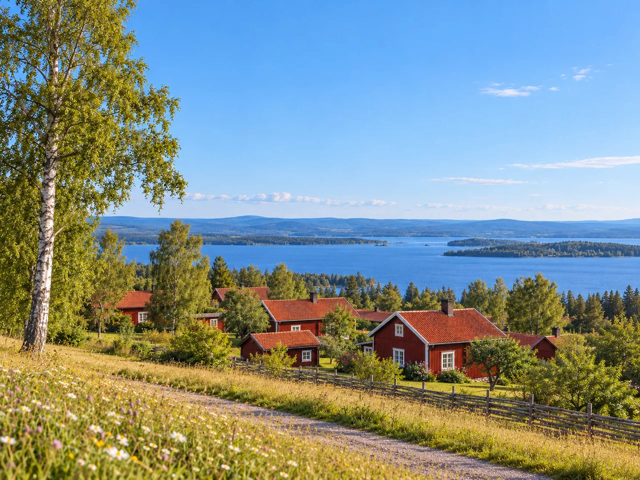 Illustration of Traditional timber village on the slope above Lake Siljan in Tällberg