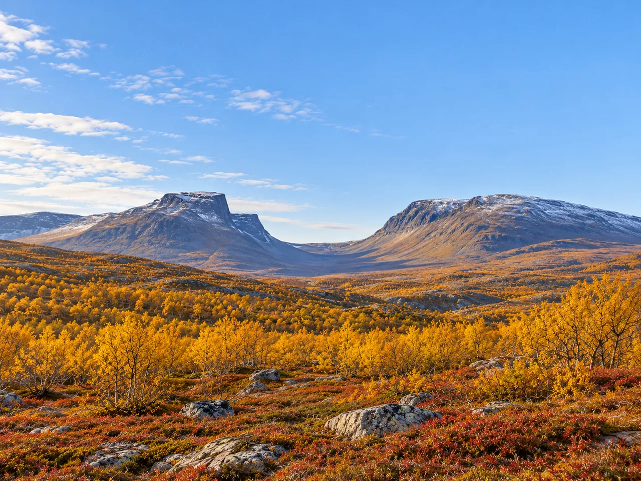 Illustration of Lapporten / Čuonjávággi mountain silhouette viewed southeast from the Abisko area above golden mountain birch woodland