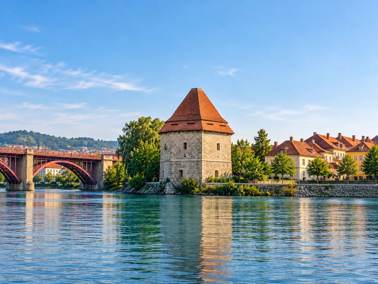 Illustration of Maribor Water Tower / Vodni stolp beside the Drava on Lent, viewed obliquely from a nearby riverside viewpoint