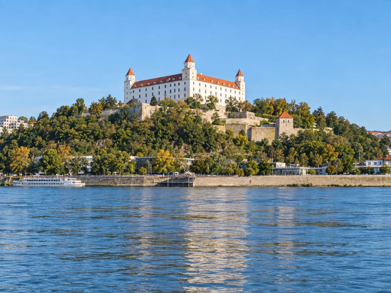 Illustration of Bratislava Castle above the Danube from the opposite riverbank