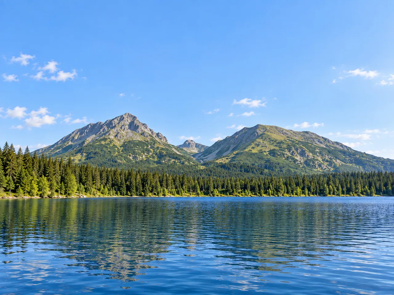 Illustration of Representative alpine lake and spruce forest beneath the High Tatras